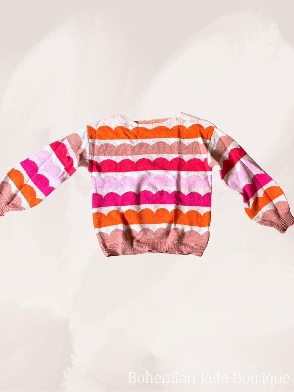 Colorful Scallop Stripe Balloon Sleeve Sweater Pink Orange Women’s Small - Picture 2 of 6